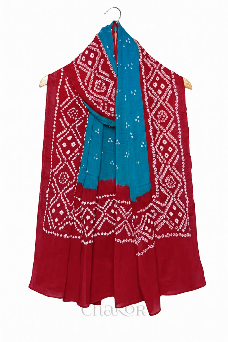 Turquoise Red Bandhani Mul Cotton Dupatta | Kutch Tie-Dye