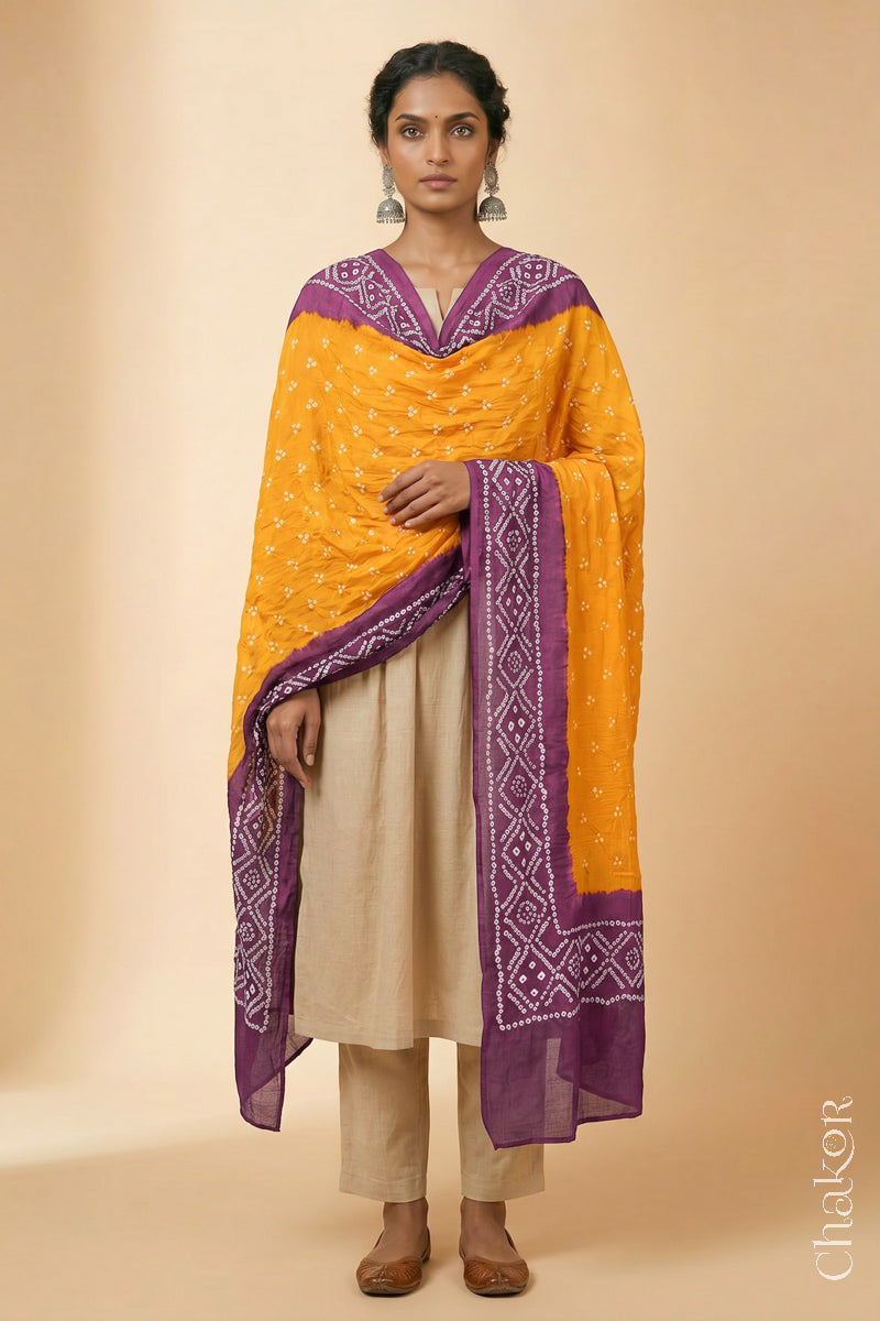Yellow Mauve Bandhani Mul Cotton Dupatta | Kutch Tie-Dye