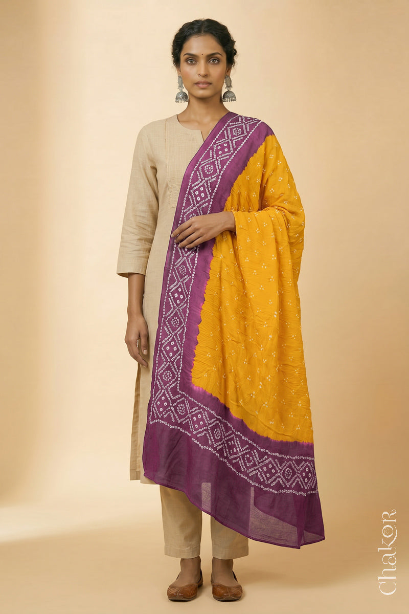 Yellow Mauve Bandhani Mul Cotton Dupatta | Kutch Tie-Dye