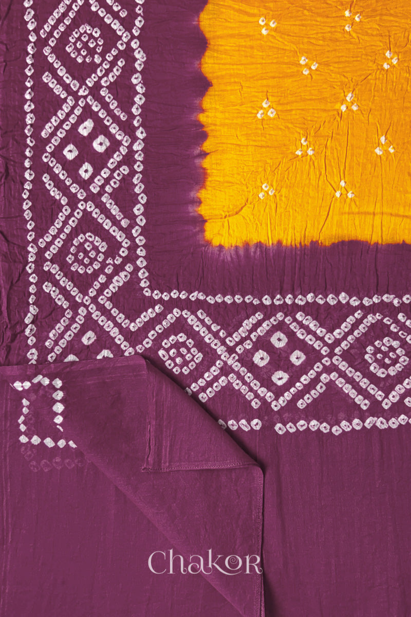 Yellow Mauve Bandhani Mul Cotton Dupatta | Kutch Tie-Dye