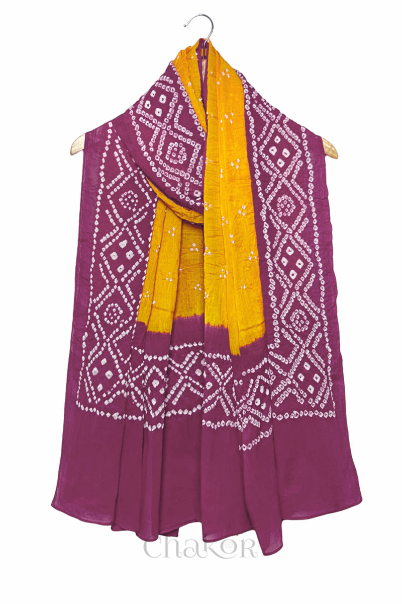 Yellow Mauve Bandhani Mul Cotton Dupatta | Kutch Tie-Dye