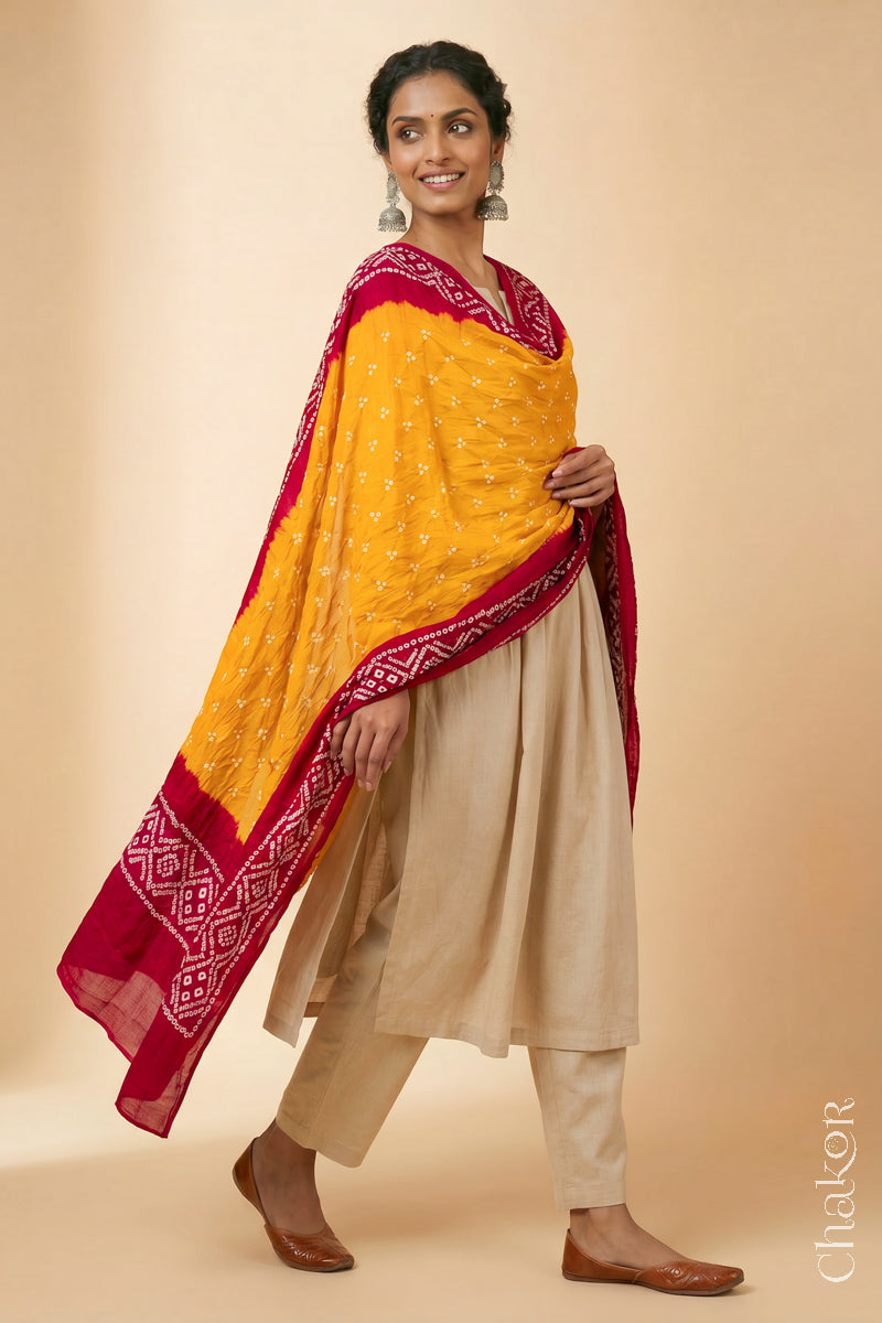Yellow Red Bandhani Mul Cotton Dupatta | Kutch Tie-Dye