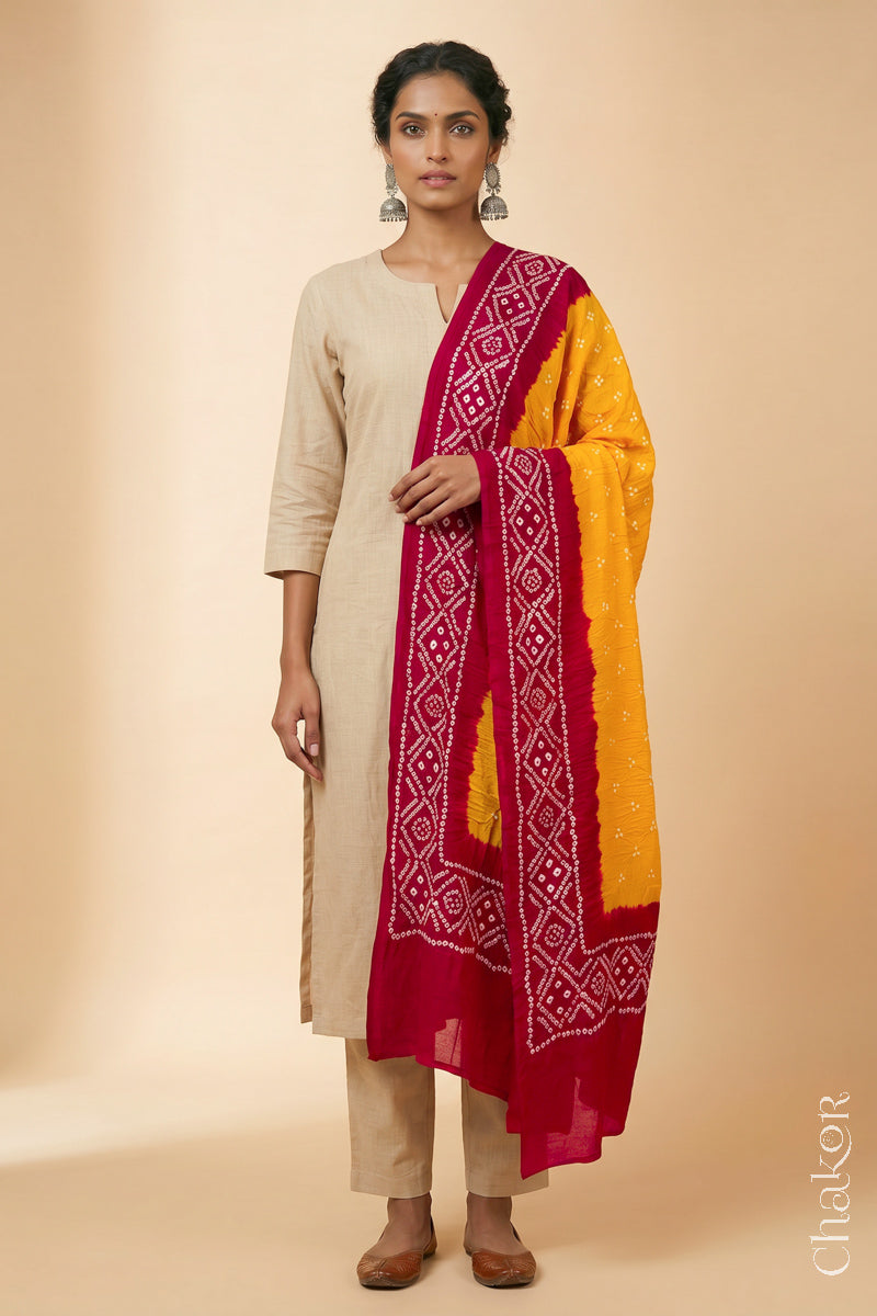 Yellow Red Bandhani Mul Cotton Dupatta | Kutch Tie-Dye