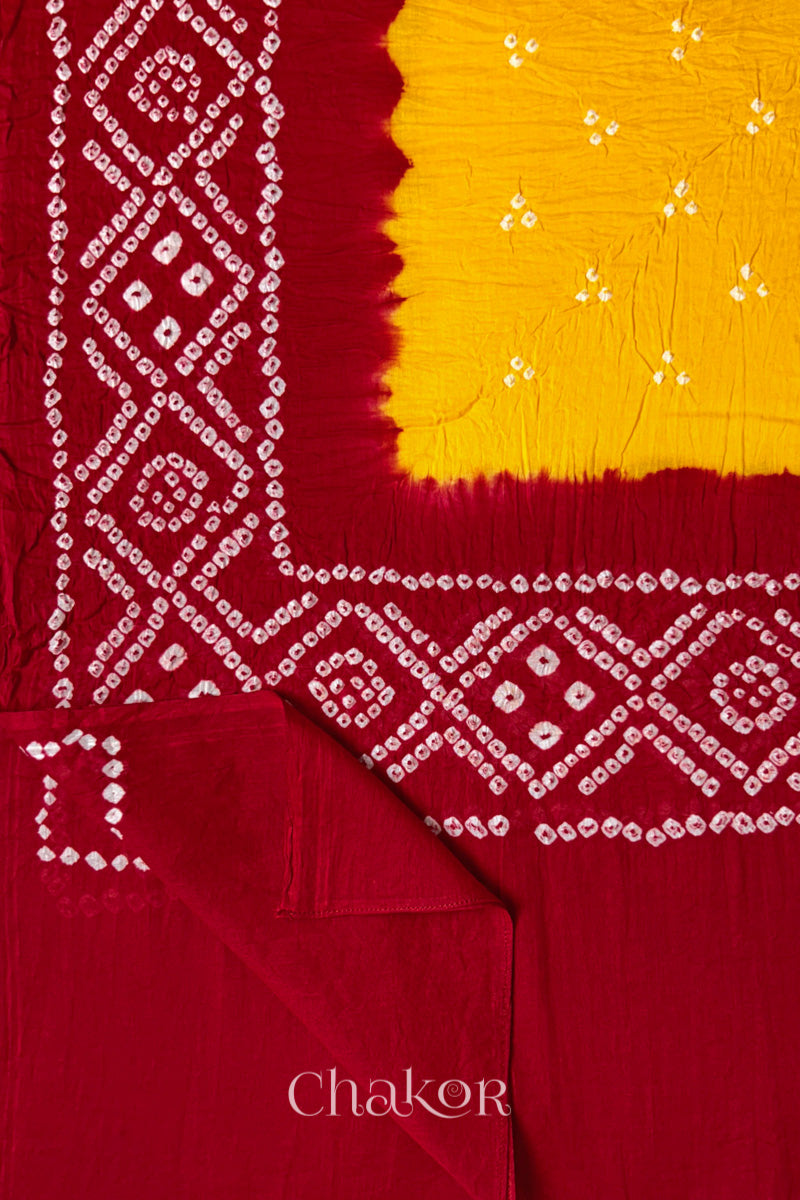 Yellow Red Bandhani Mul Cotton Dupatta | Kutch Tie-Dye