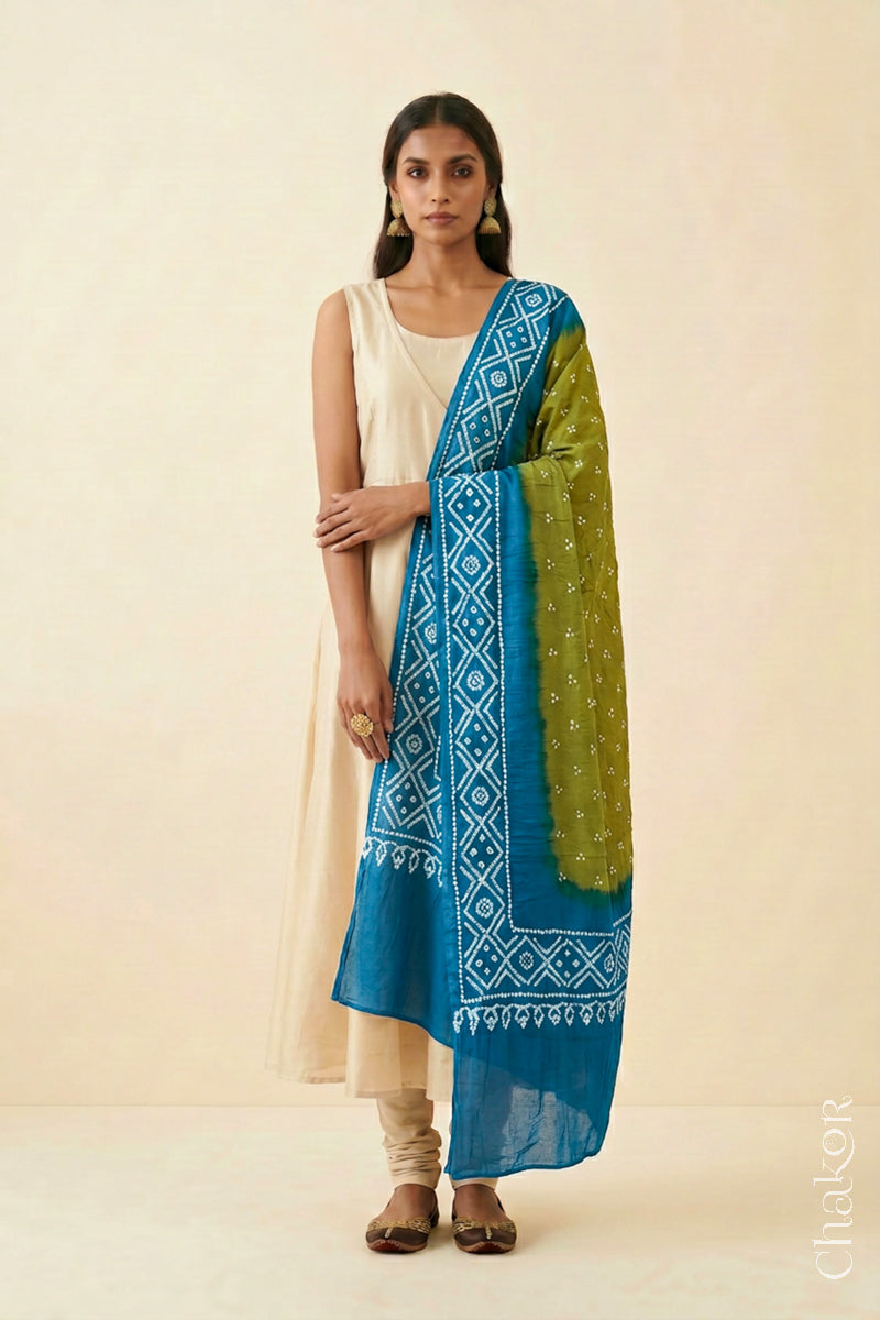 Lime Green Turquoise Bandhani Mul Cotton Dupatta | Kutch Tie-Dye