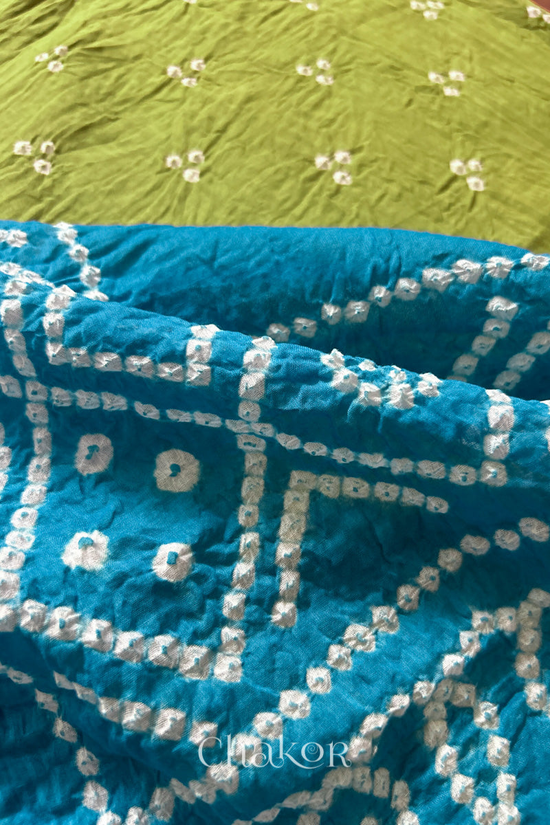 Lime Green Turquoise Bandhani Mul Cotton Dupatta | Kutch Tie-Dye