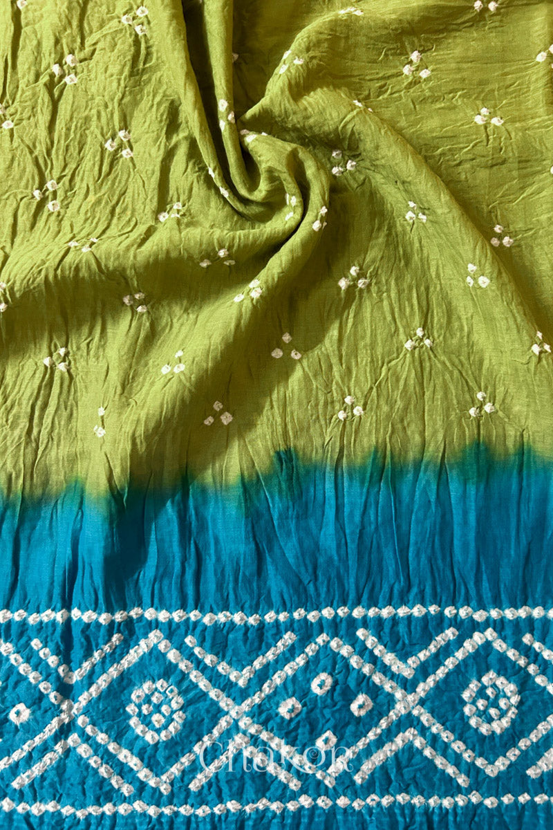 Lime Green Turquoise Bandhani Mul Cotton Dupatta | Kutch Tie-Dye