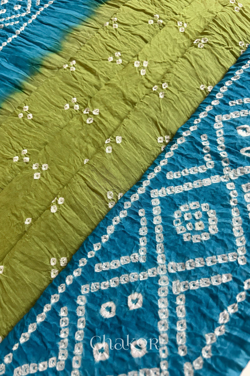 Lime Green Turquoise Bandhani Mul Cotton Dupatta | Kutch Tie-Dye