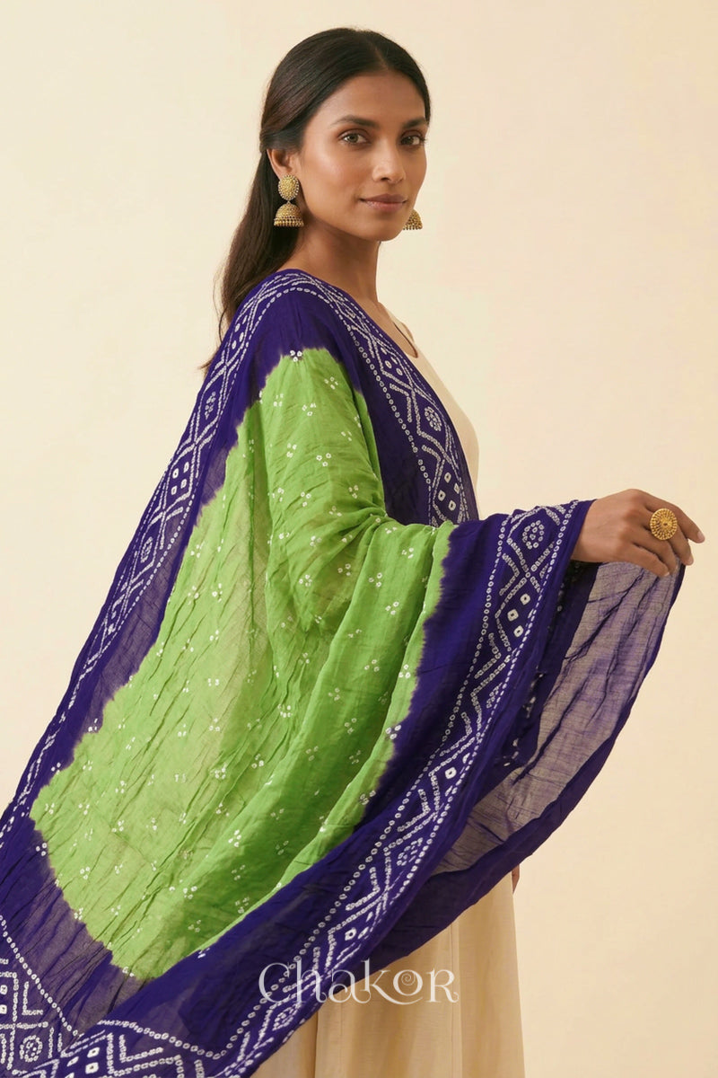Mehendi Green Purple Bandhani Mul Cotton Dupatta | Kutch Tie-Dye