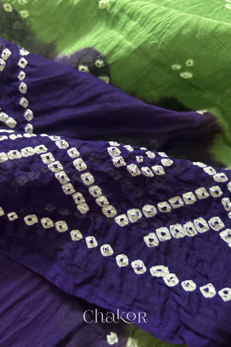 Mehendi Green Purple Bandhani Mul Cotton Dupatta | Kutch Tie-Dye