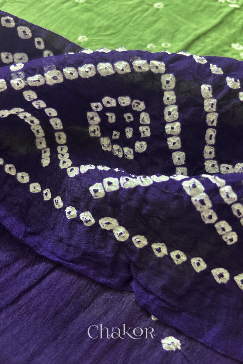 Mehendi Green Purple Bandhani Mul Cotton Dupatta | Kutch Tie-Dye