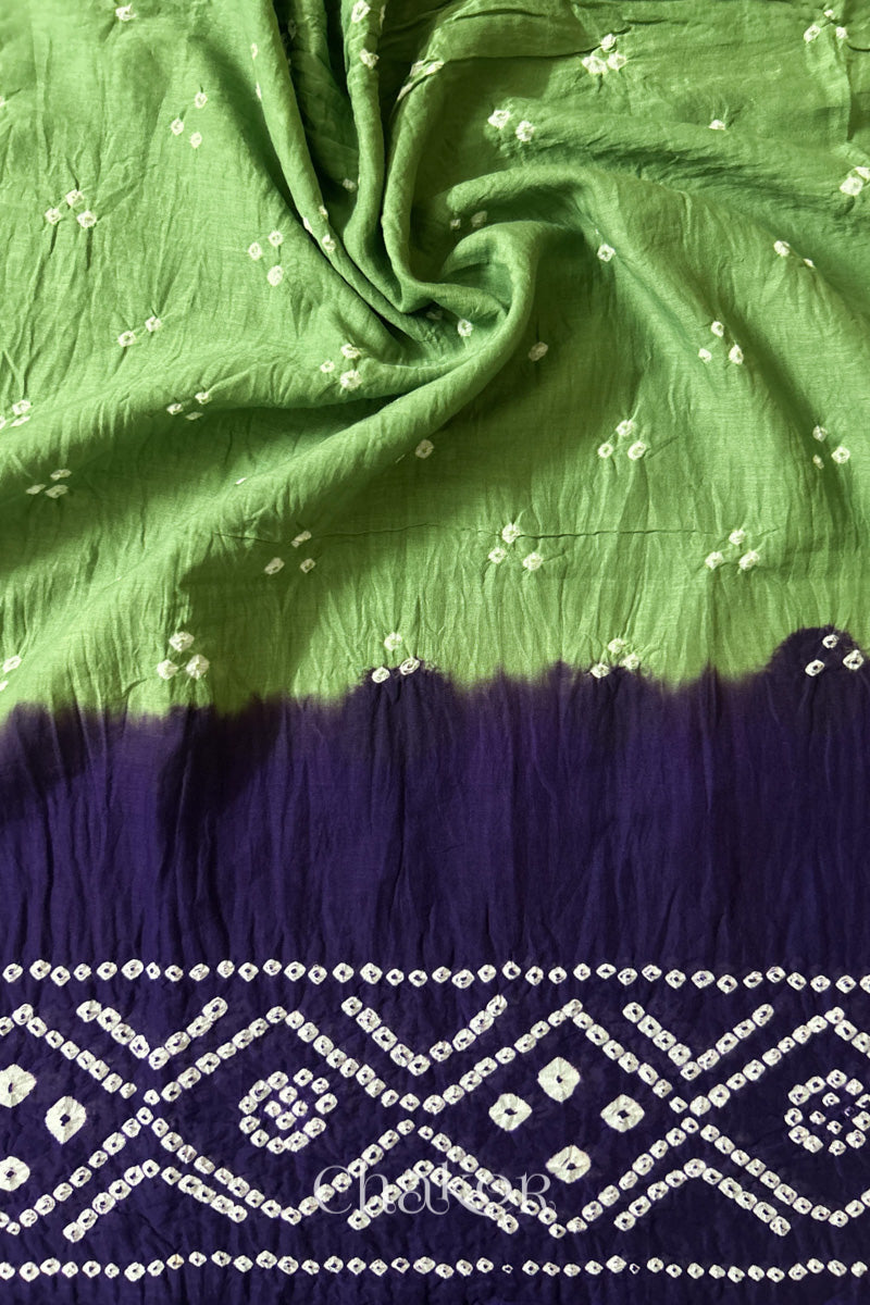 Mehendi Green Purple Bandhani Mul Cotton Dupatta | Kutch Tie-Dye
