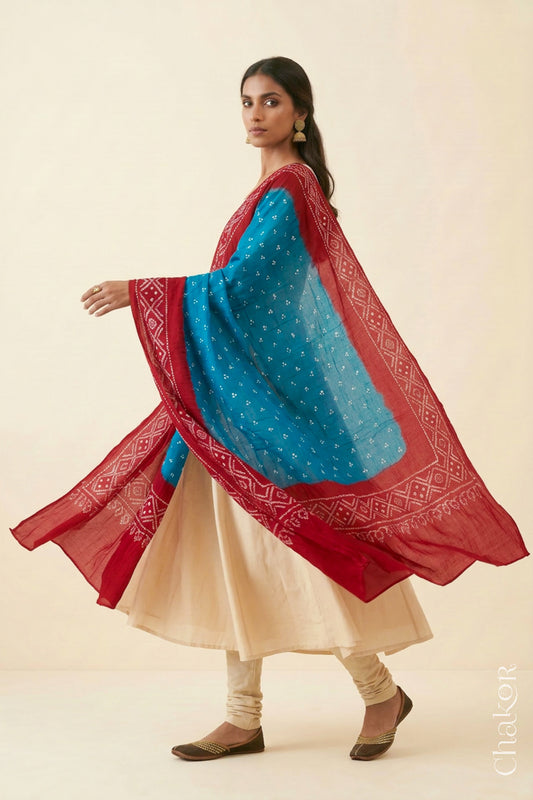 Turquoise Red Bandhani Mul Cotton Dupatta | Kutch Tie-Dye
