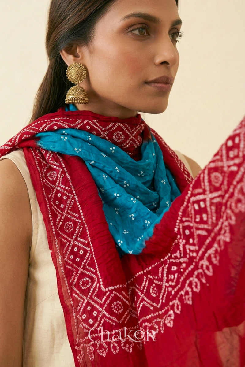 Turquoise Red Bandhani Mul Cotton Dupatta | Kutch Tie-Dye