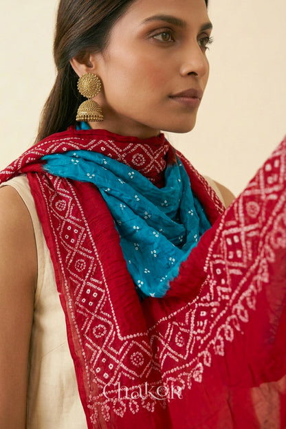 Turquoise Red Bandhani Mul Cotton Dupatta | Kutch Tie-Dye
