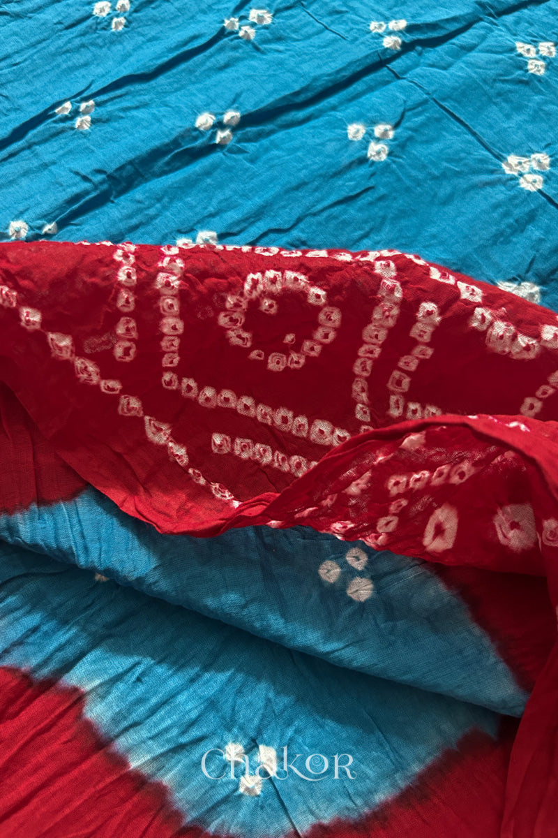 Turquoise Red Bandhani Mul Cotton Dupatta | Kutch Tie-Dye