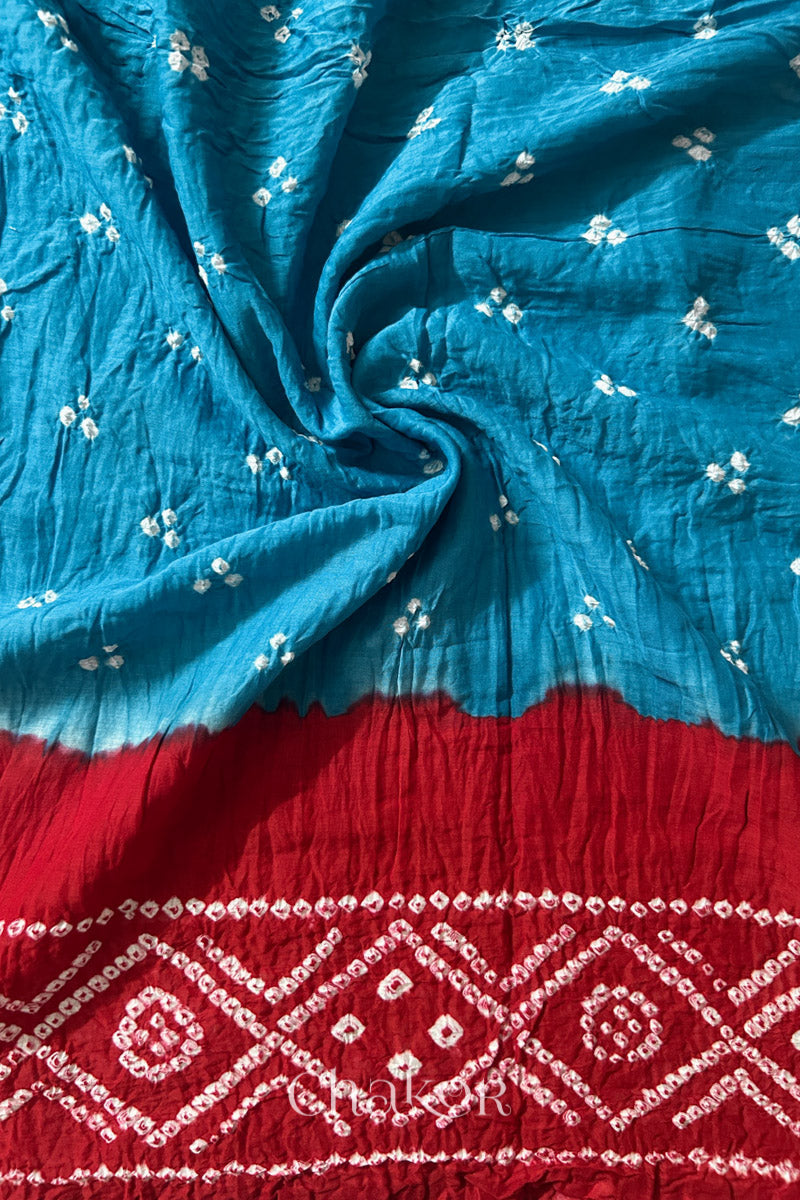 Turquoise Red Bandhani Mul Cotton Dupatta | Kutch Tie-Dye