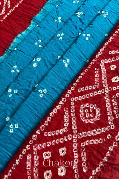 Turquoise Red Bandhani Mul Cotton Dupatta | Kutch Tie-Dye