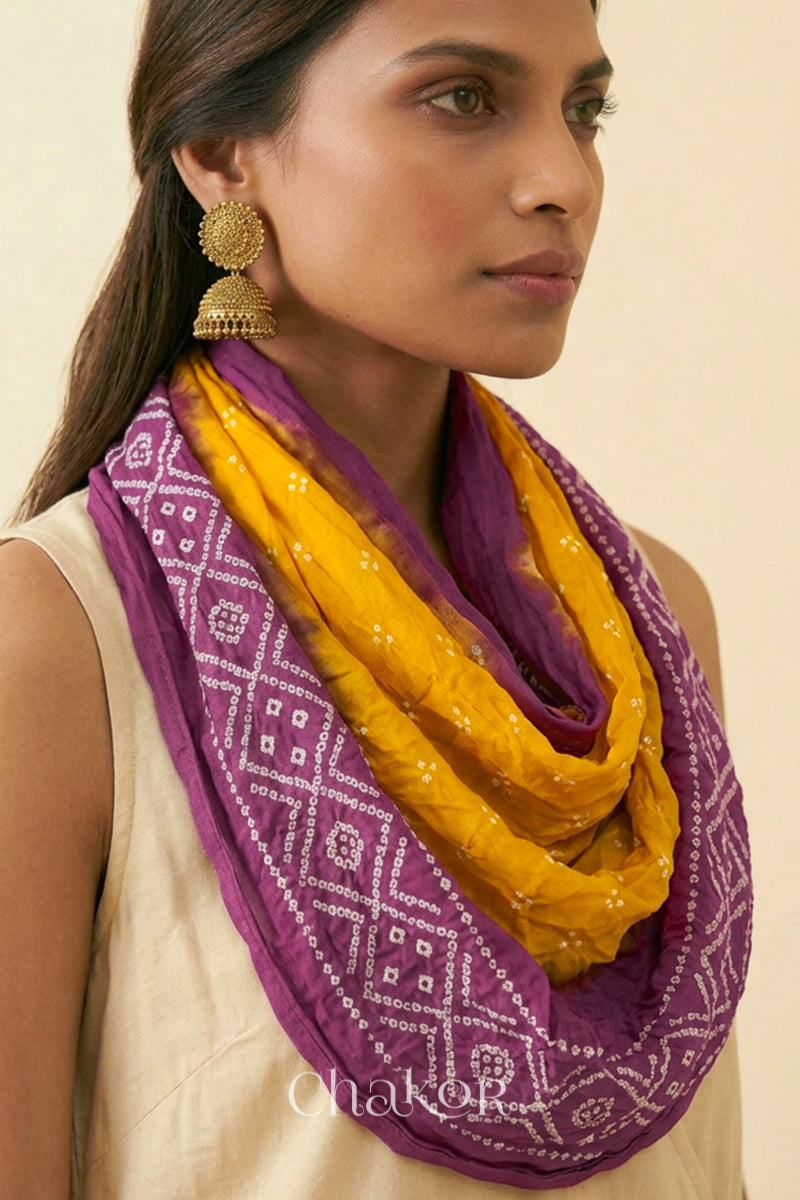 Yellow Mauve Bandhani Mul Cotton Dupatta | Kutch Tie-Dye