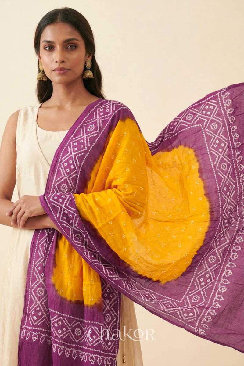 Yellow Mauve Bandhani Mul Cotton Dupatta | Kutch Tie-Dye