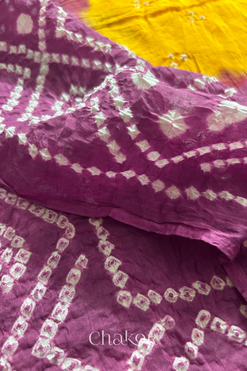 Yellow Mauve Bandhani Mul Cotton Dupatta | Kutch Tie-Dye