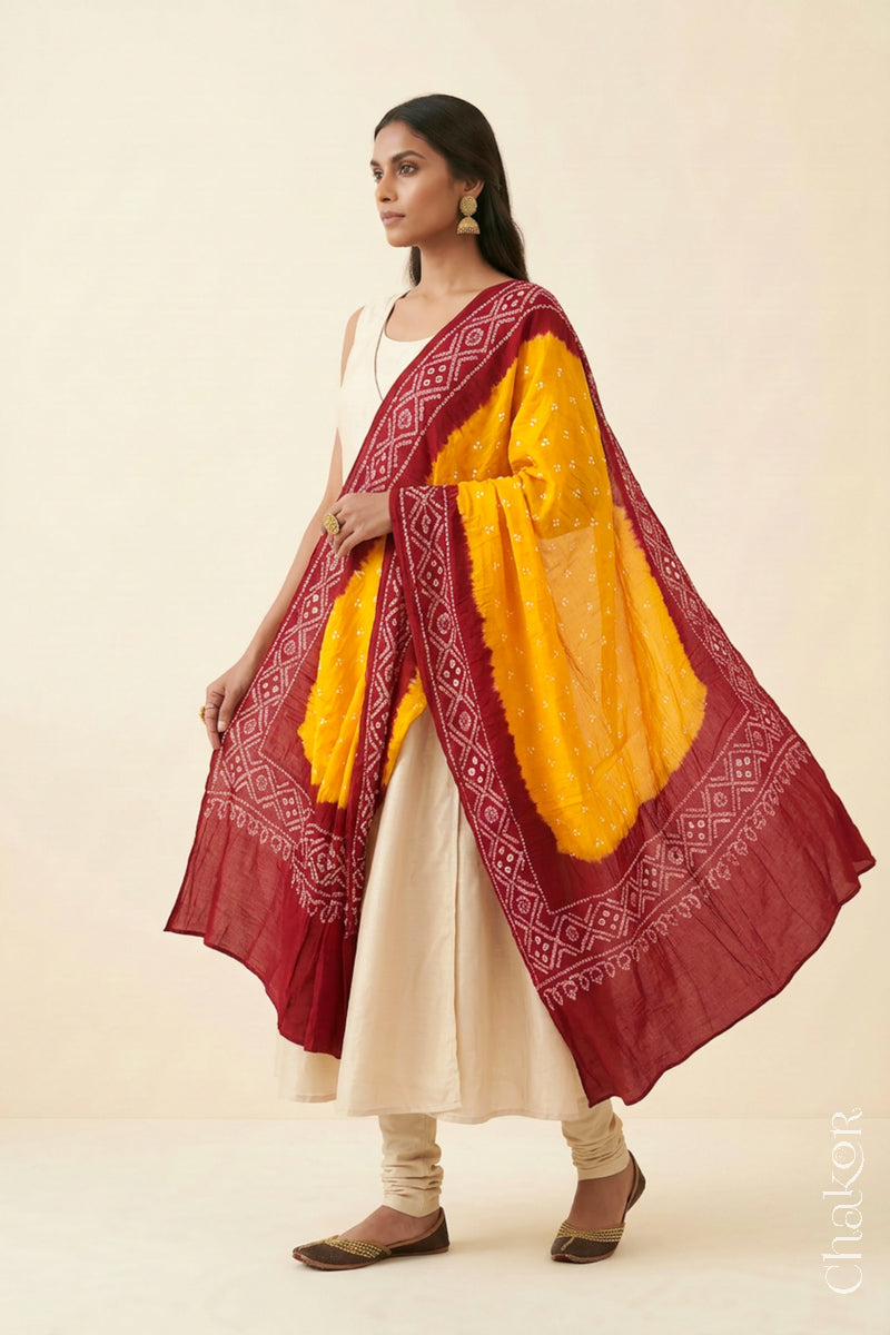 Yellow Red Bandhani Mul Cotton Dupatta | Kutch Tie-Dye