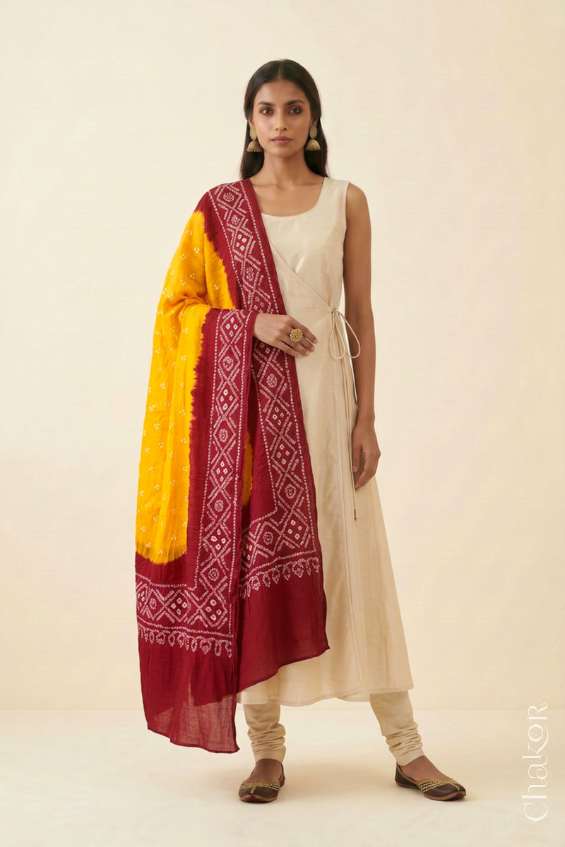 Yellow Red Bandhani Mul Cotton Dupatta | Kutch Tie-Dye