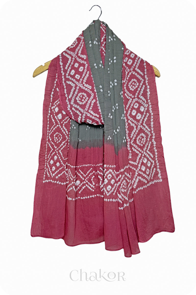 Cement Grey & Rose Pink Bandhani Mul Cotton Dupatta in Traditional Design for Women's clothing online by Chakor.