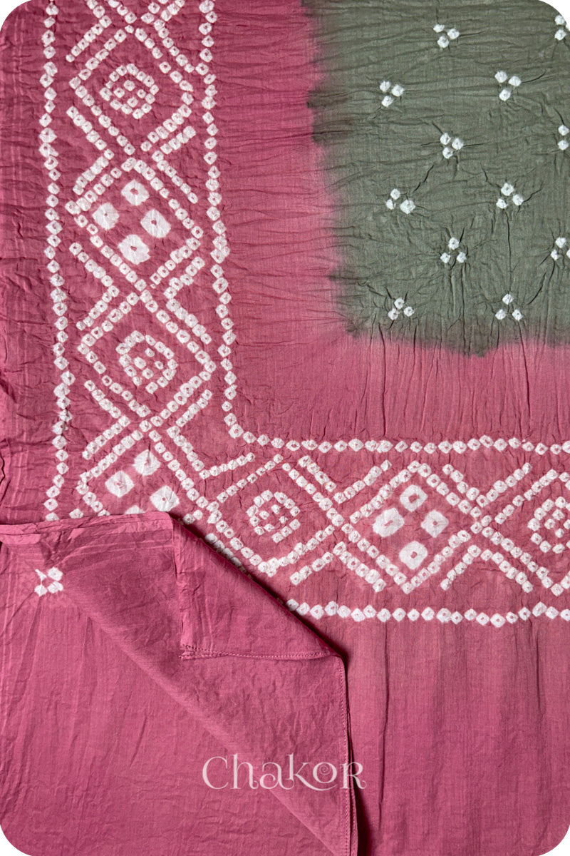 Cement Grey & Rose Pink Bandhani Mul Cotton Dupatta in Traditional Design for Women's clothing online by Chakor.