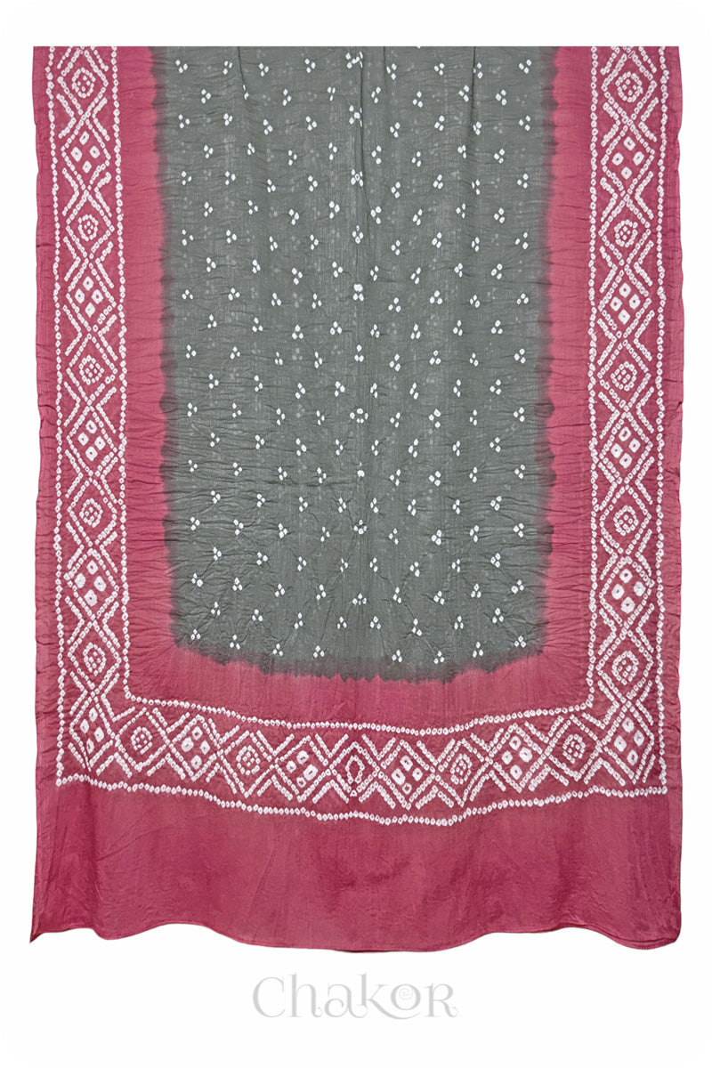 Cement Grey & Rose Pink Bandhani Mul Cotton Dupatta in Traditional Design for Women's clothing online by Chakor.