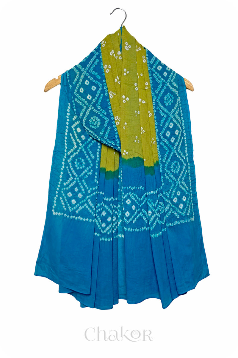 Lime Green Turquoise Bandhani Mul Cotton Dupatta in Traditional Design for Women's clothing online by Chakor.