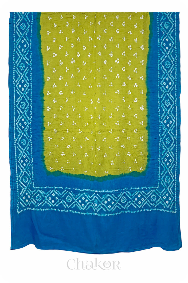 Lime Green Turquoise Bandhani Mul Cotton Dupatta in Traditional Design for Women's clothing online by Chakor.