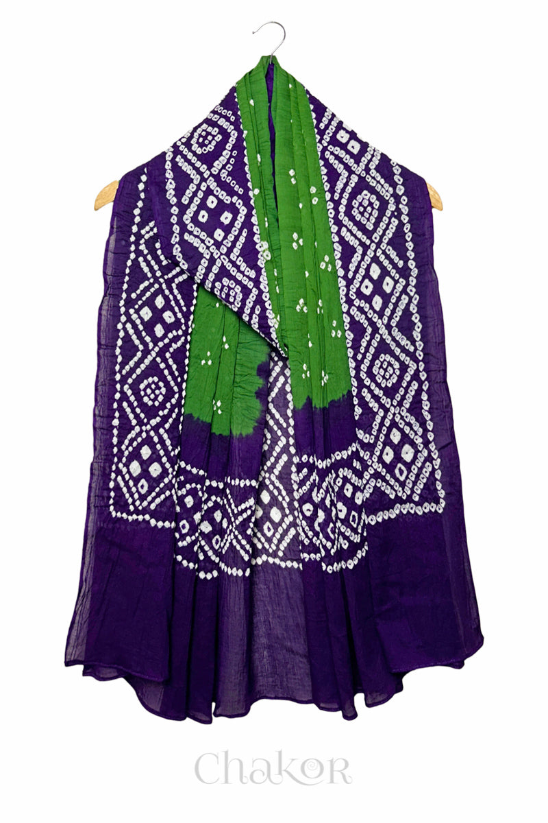 Mehendi Green Purple Bandhani Mul Cotton Dupatta in Traditional Design for Women's clothing online by Chakor.