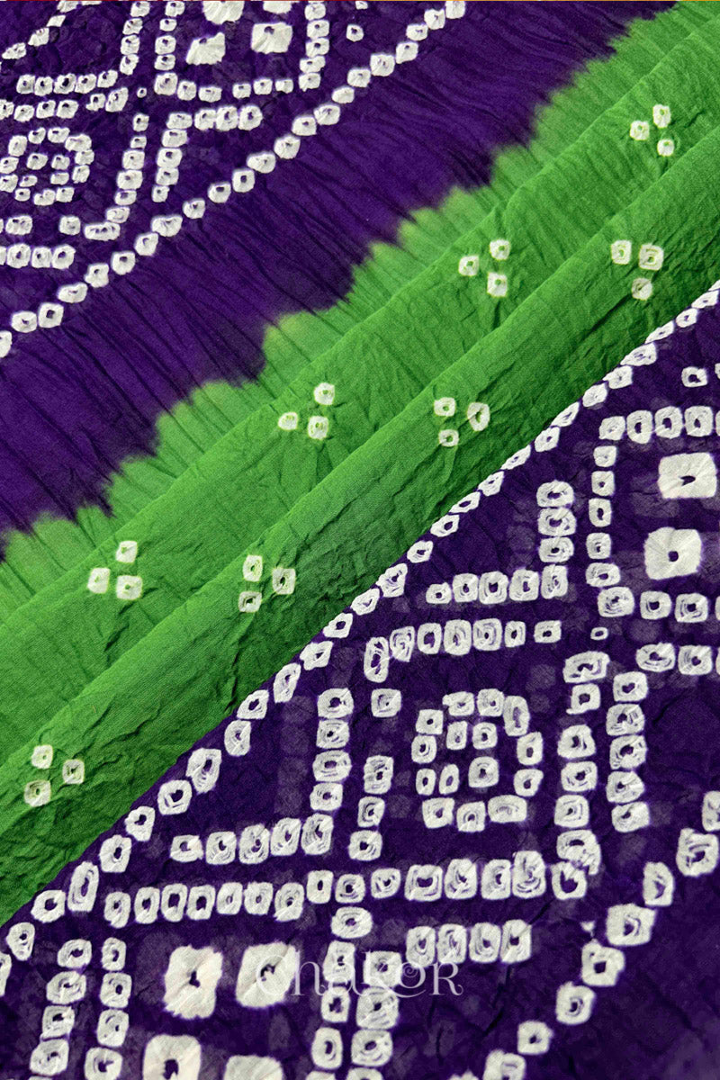 Mehendi Green Purple Bandhani Mul Cotton Dupatta in Traditional Design for Women's clothing online by Chakor.