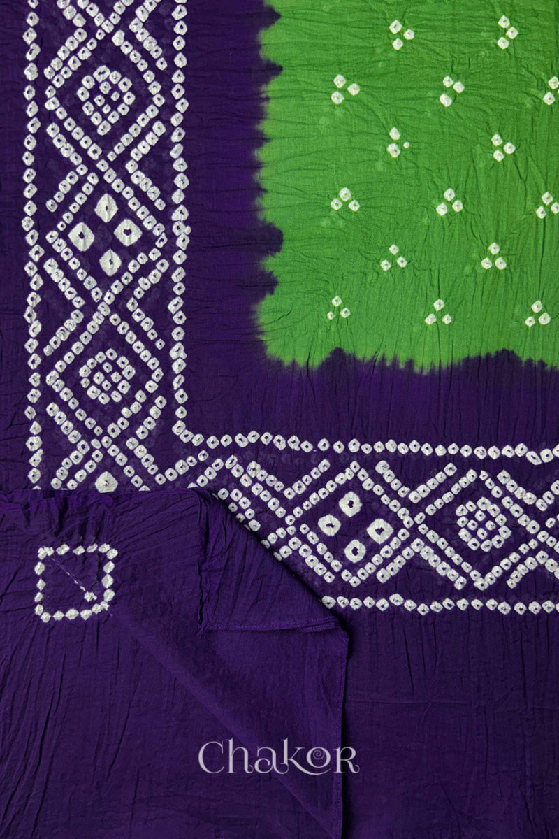 Mehendi Green Purple Bandhani Mul Cotton Dupatta in Traditional Design for Women's clothing online by Chakor.