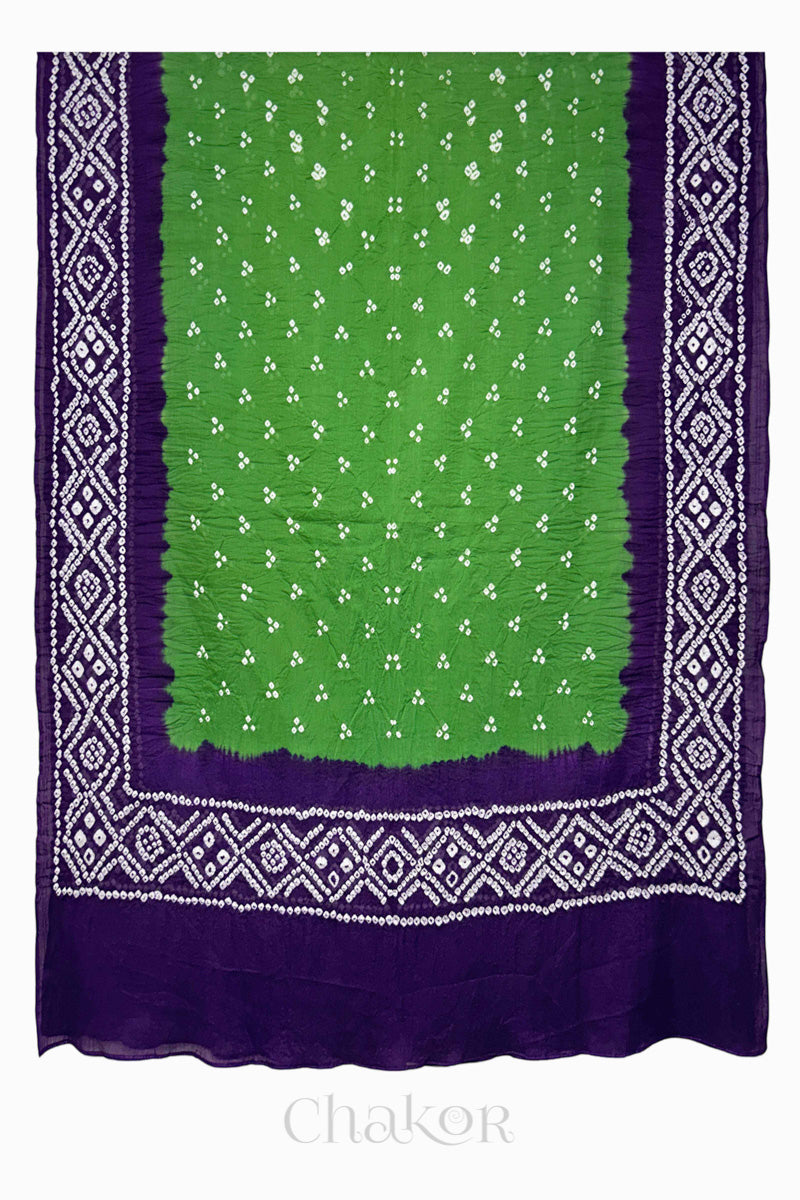 Mehendi Green Purple Bandhani Mul Cotton Dupatta in Traditional Design for Women's clothing online by Chakor.