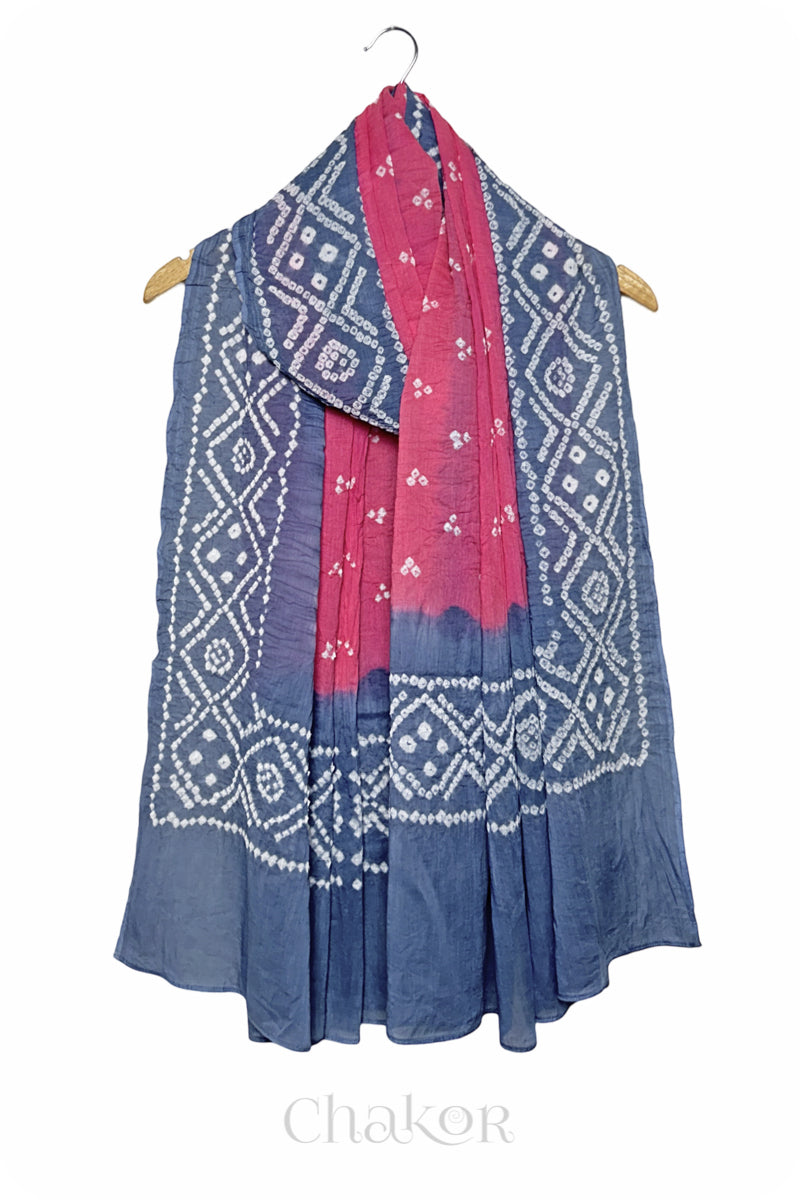 Pink Grey Bandhani Mul Cotton Dupatta in Traditional Design for Women's clothing online by Chakor.