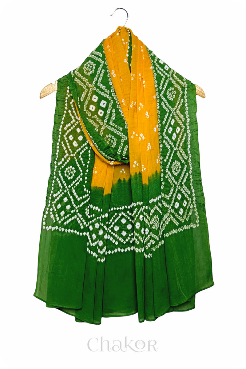 Yellow & Green Bandhani Mul Cotton Dupatta in Traditional Design for Women's clothing online by Chakor.