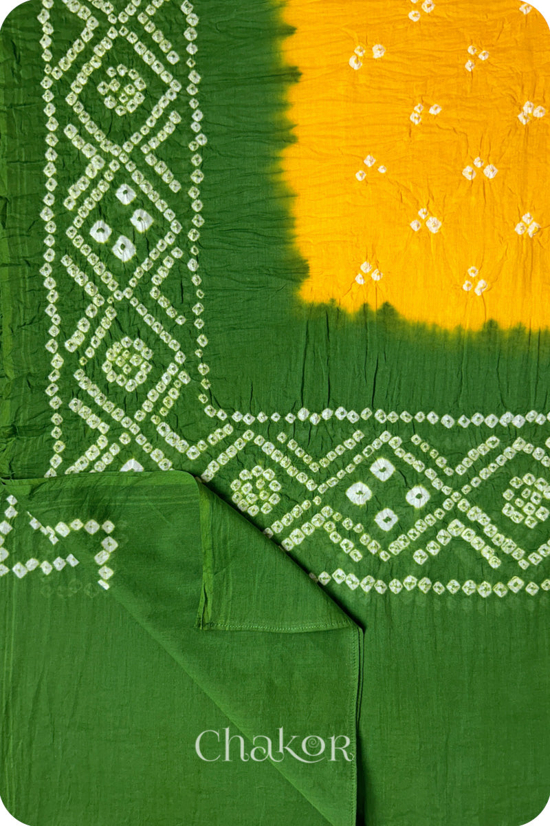 Yellow & Green Bandhani Mul Cotton Dupatta in Traditional Design for Women's clothing online by Chakor.