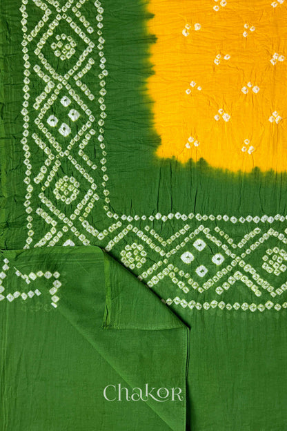 Yellow & Green Bandhani Mul Cotton Dupatta in Traditional Design for Women's clothing online by Chakor.