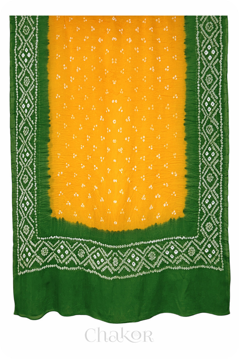 Yellow & Green Bandhani Mul Cotton Dupatta in Traditional Design for Women's clothing online by Chakor.