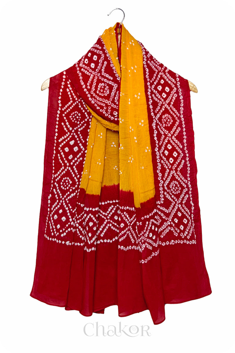 Yellow & Red Bandhani Mul Cotton Dupatta in Traditional Design for Women's clothing online by Chakor.