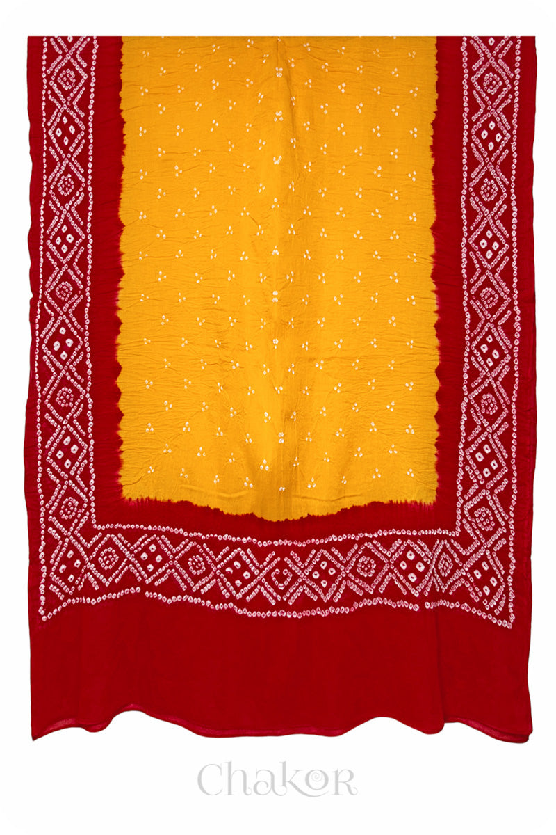 Yellow & Red Bandhani Mul Cotton Dupatta in Traditional Design for Women's clothing online by Chakor.