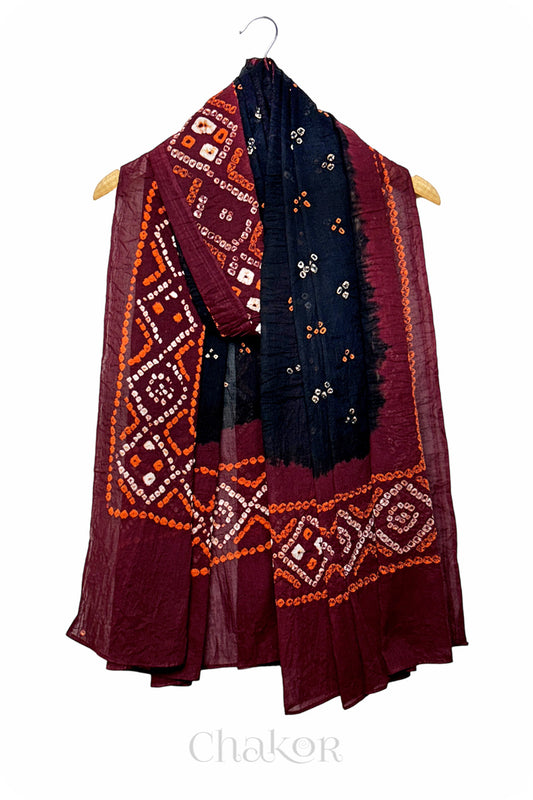 Black Bandhani Mul Cotton Dupatta in Traditional Design for Women's clothing online by Chakor.