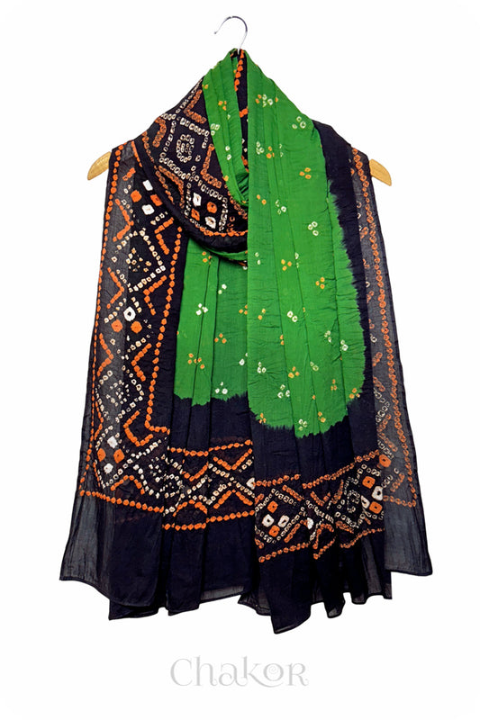 Mehendi Green Bandhani Mul Cotton Dupatta in Traditional Design for Women's clothing online by Chakor.