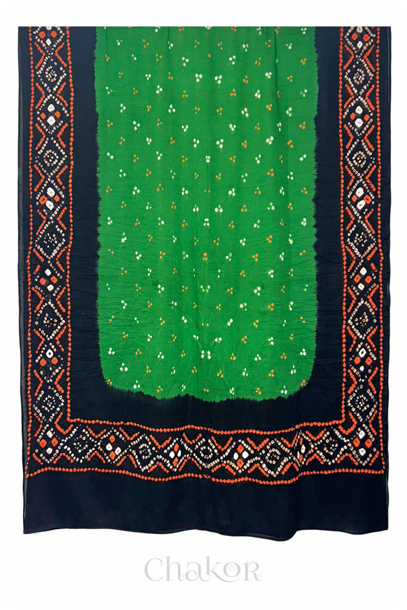 Mehendi Green Bandhani Mul Cotton Dupatta in Traditional Design for Women's clothing online by Chakor.