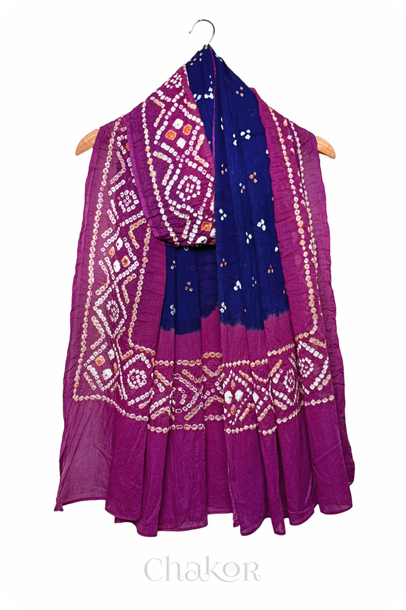 Navy Bandhani Mul Cotton Dupatta in Traditional Design for Women's clothing online by Chakor.