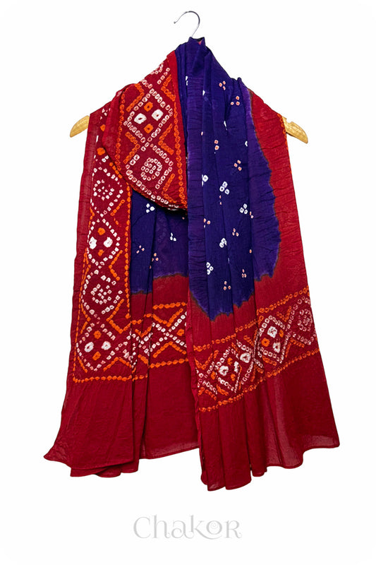 Purple Bandhani Mul Cotton Dupatta in Traditional Design for Women's clothing online by Chakor.