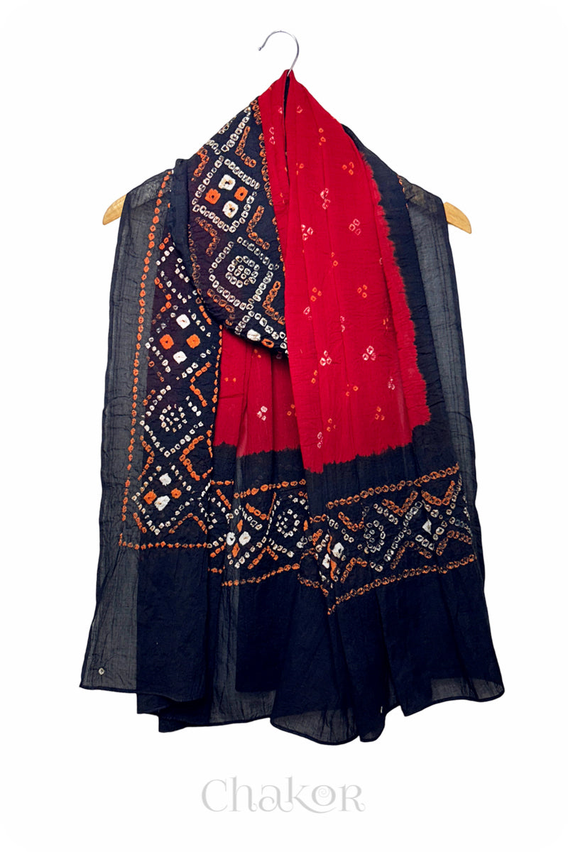 Red Bandhani Mul Cotton Dupatta in Traditional Design for Women's clothing online by Chakor.