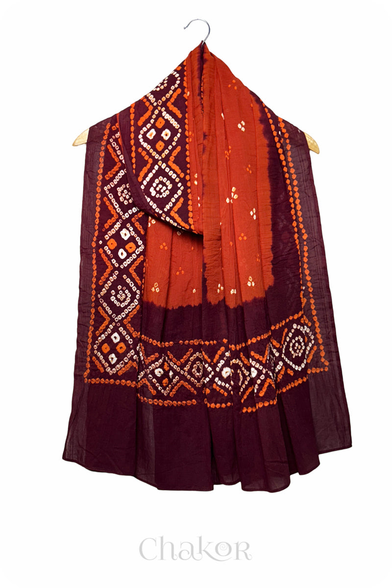 Rust Bandhani Mul Cotton Dupatta in Traditional Design for Women's clothing online by Chakor.